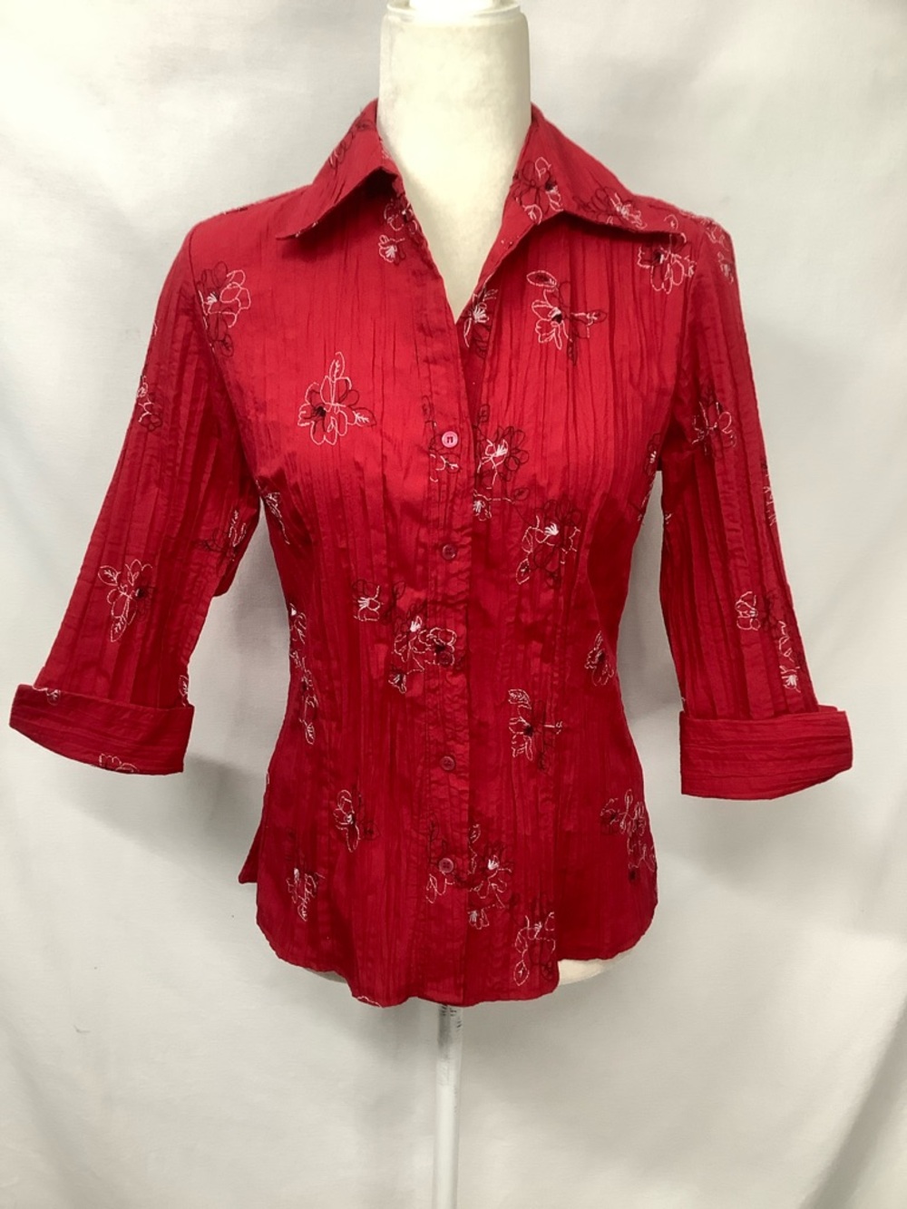 Fred David Red Floral Embroidered Button-Up Blouse Size S